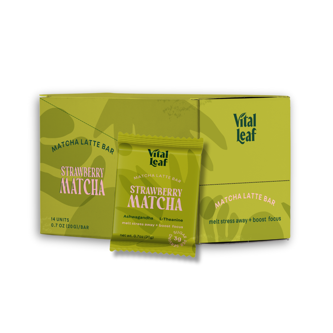 Mini Strawberry Matcha Latte Chocolate Bar: Less Stress + Better Focus (case box of 14 bars)