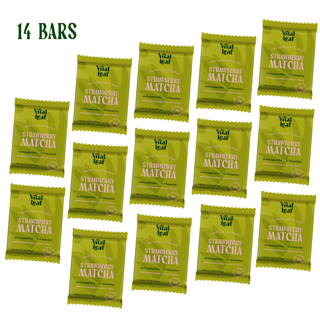 Mini Strawberry Matcha Latte Chocolate Bar: Less Stress + Better Focus (case box of 14 bars)