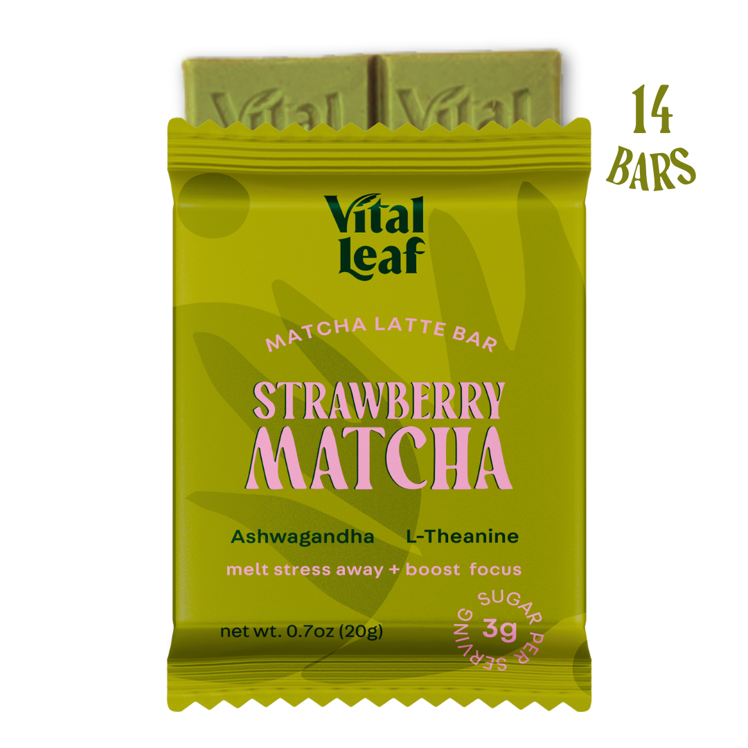 Mini Strawberry Matcha Latte Chocolate Bar: Less Stress + Better Focus (case box of 14 bars)